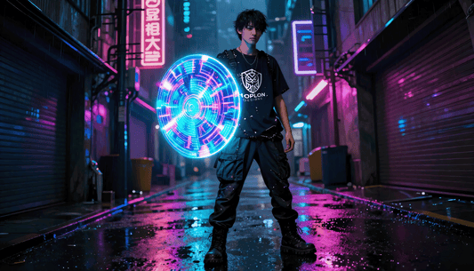 a person holding a glowing shield
