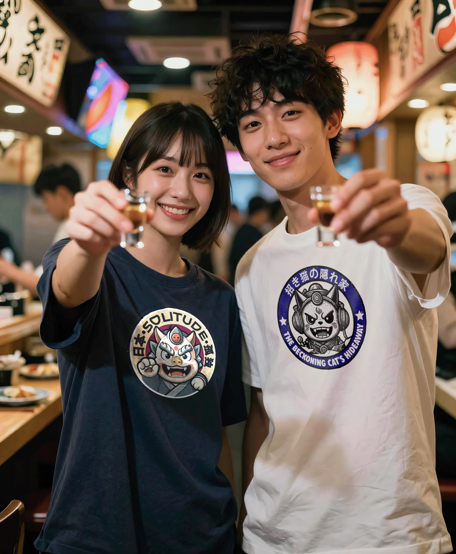 Two people in a restaurant setting, holding drinks and smiling.