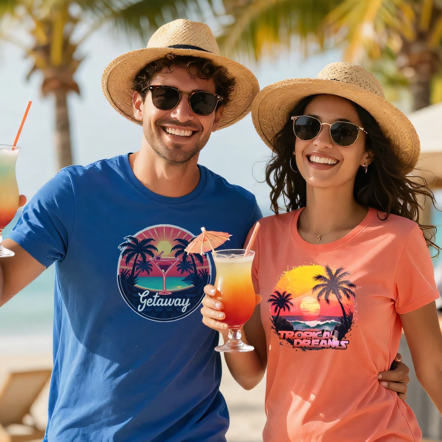 Man and woman on a beach holding drinks, wearing matching t-shirts with tropical designs.