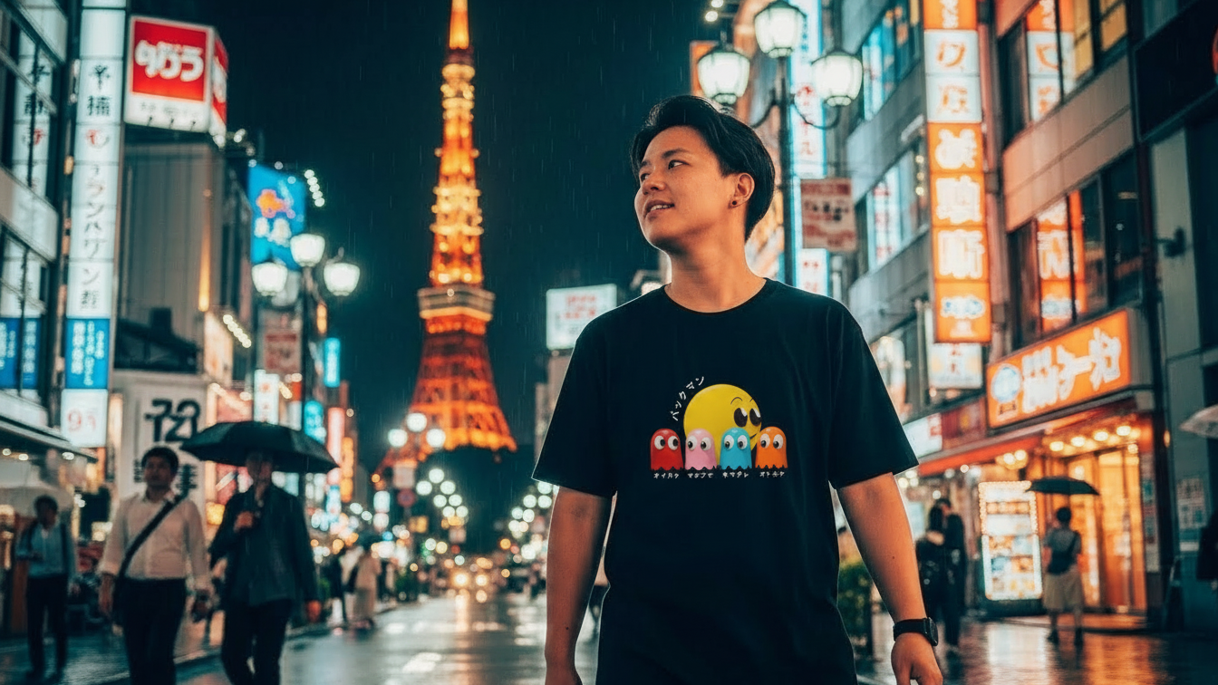 a man wearing a t-shirt  on a street
