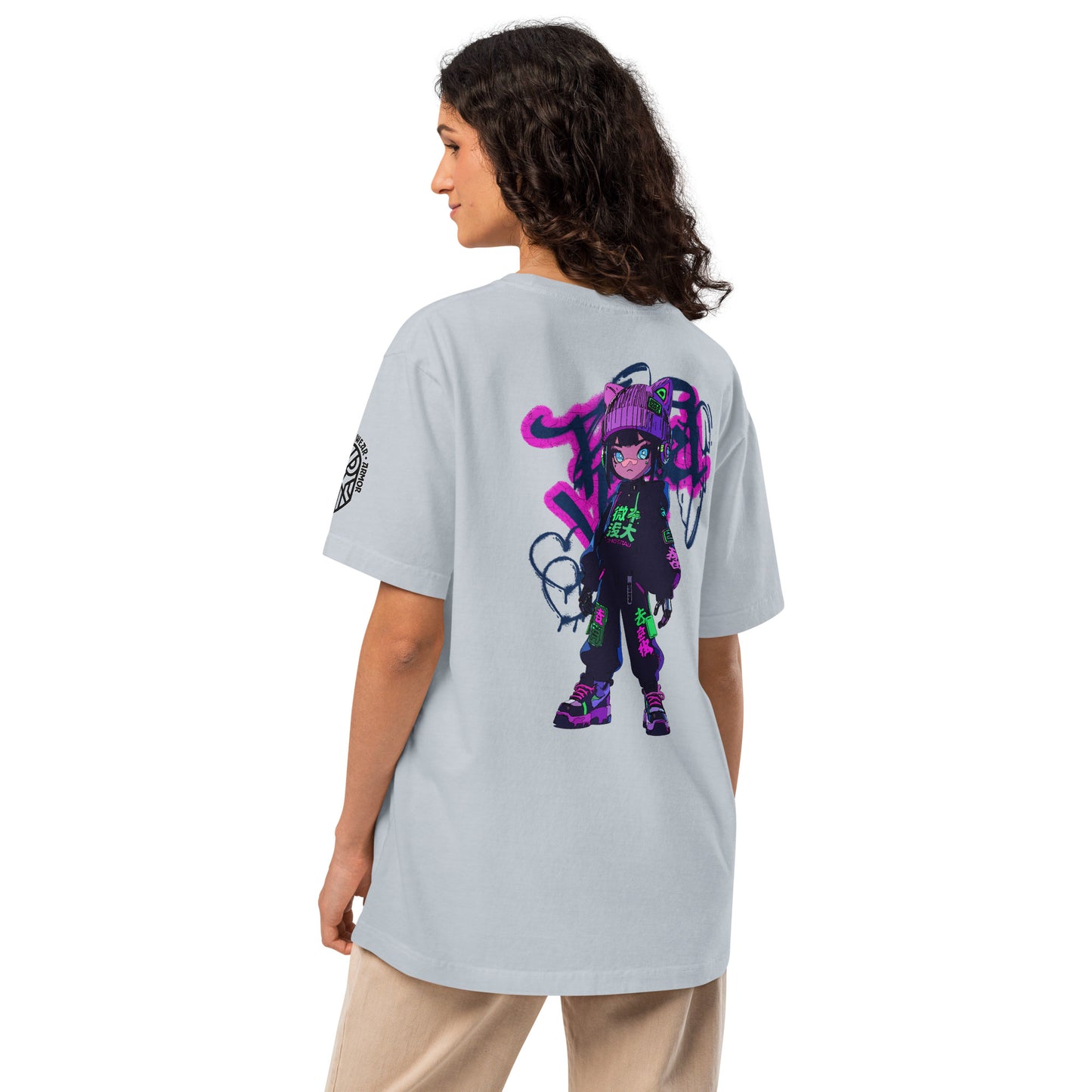 Pixel Vix Cyberpunk Techwear Heavyweight Oversized Graphic T-Shirt Light Washed Denim