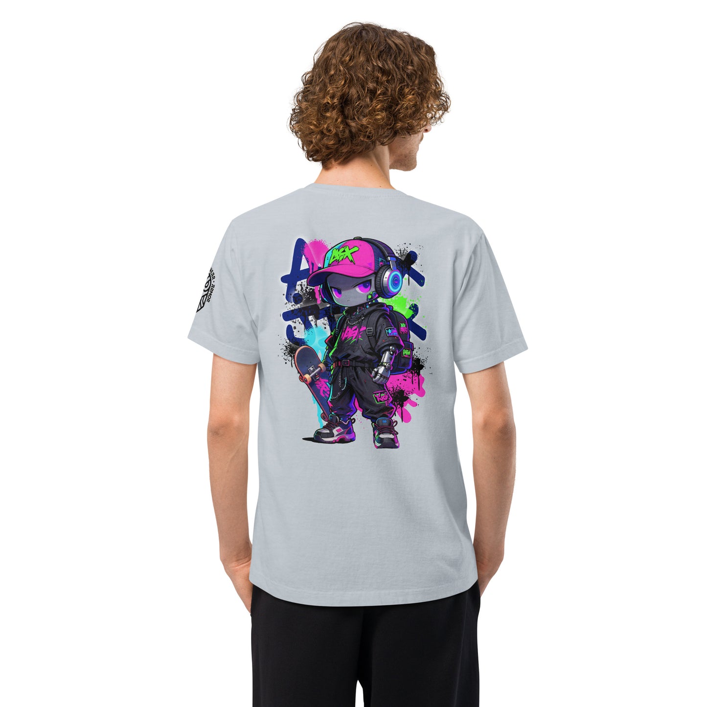 Apex Jinx Neon Skater Techwear Heavyweight Oversized Graphic T-Shirt Light Washed Denim