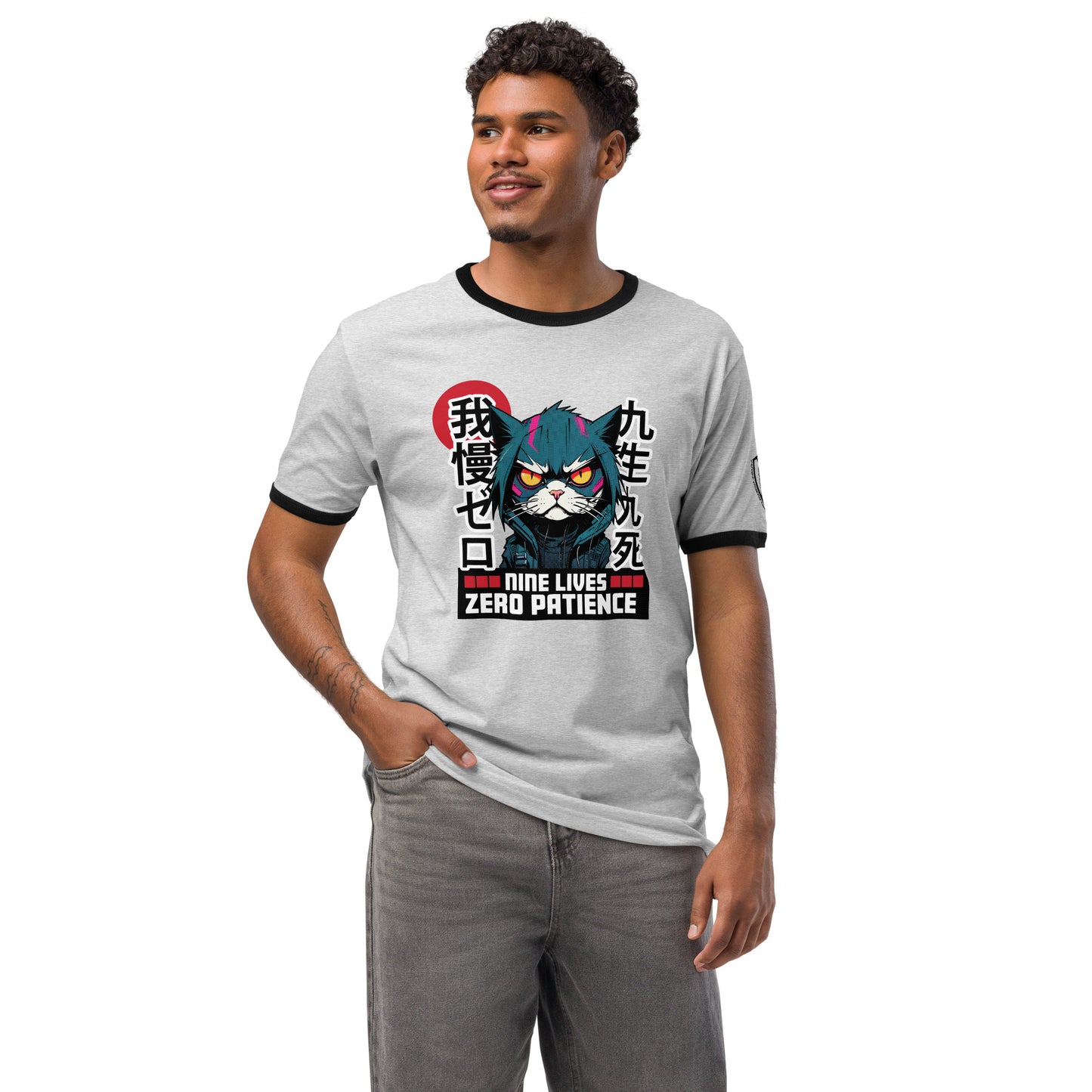 Nine Lives Zero Patience Japanese Graphic T-Shirt Heather Gray Black