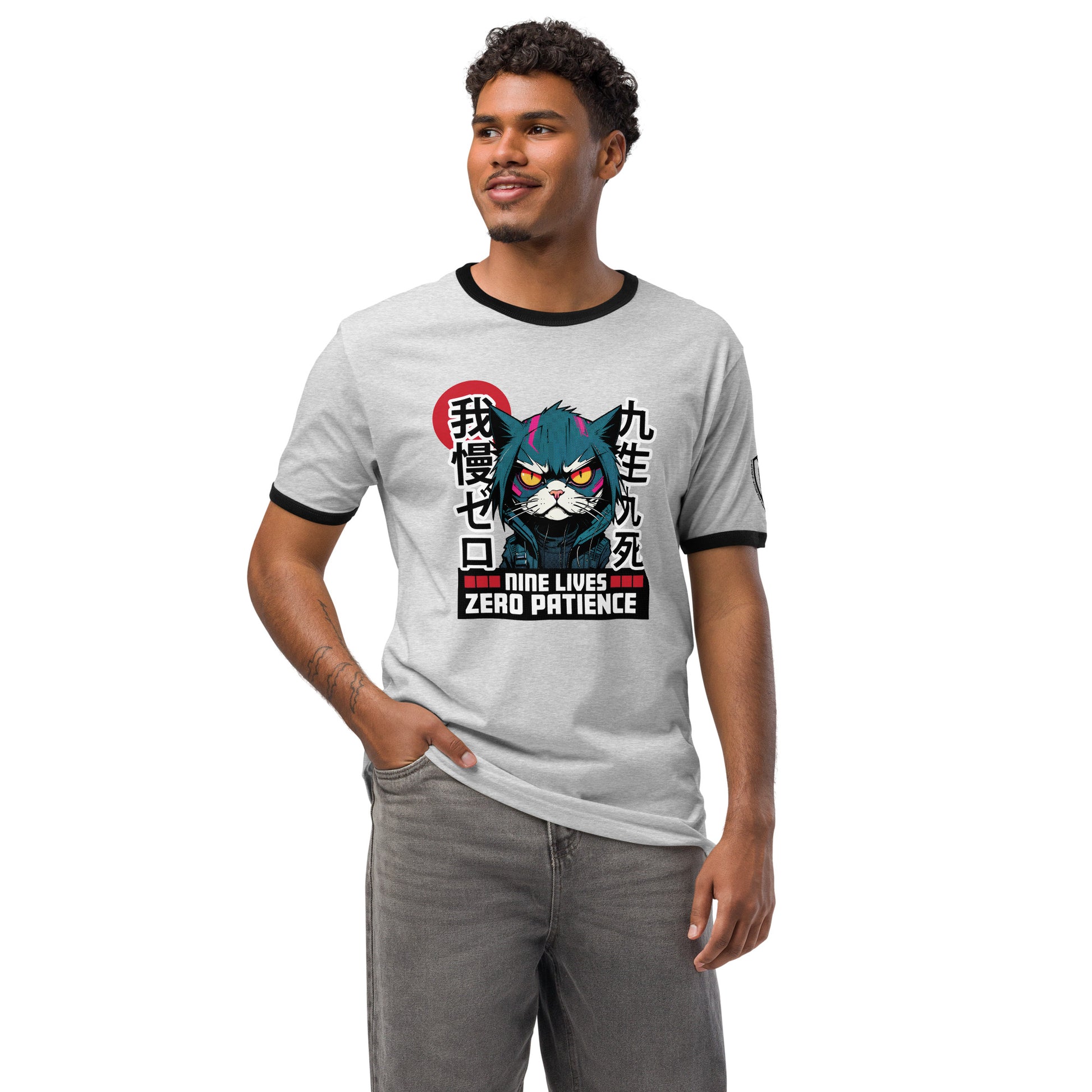 Nine Lives Zero Patience Japanese Graphic T-Shirt Heather Gray Black