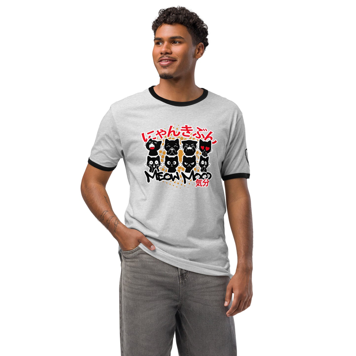 Meow Mood Japanese Graphic T-Shirt Heather Gray Black