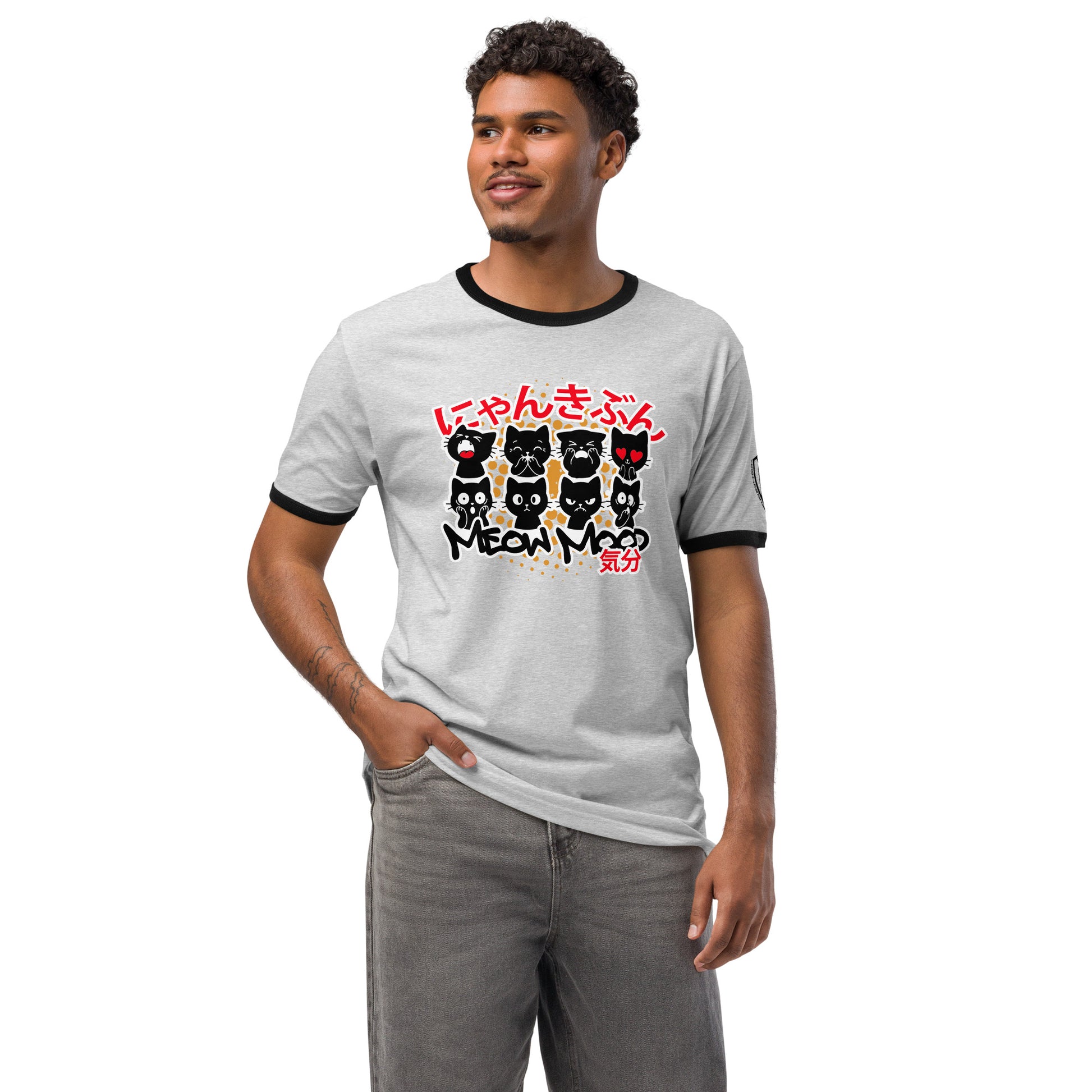 Meow Mood Japanese Graphic T-Shirt Heather Gray Black