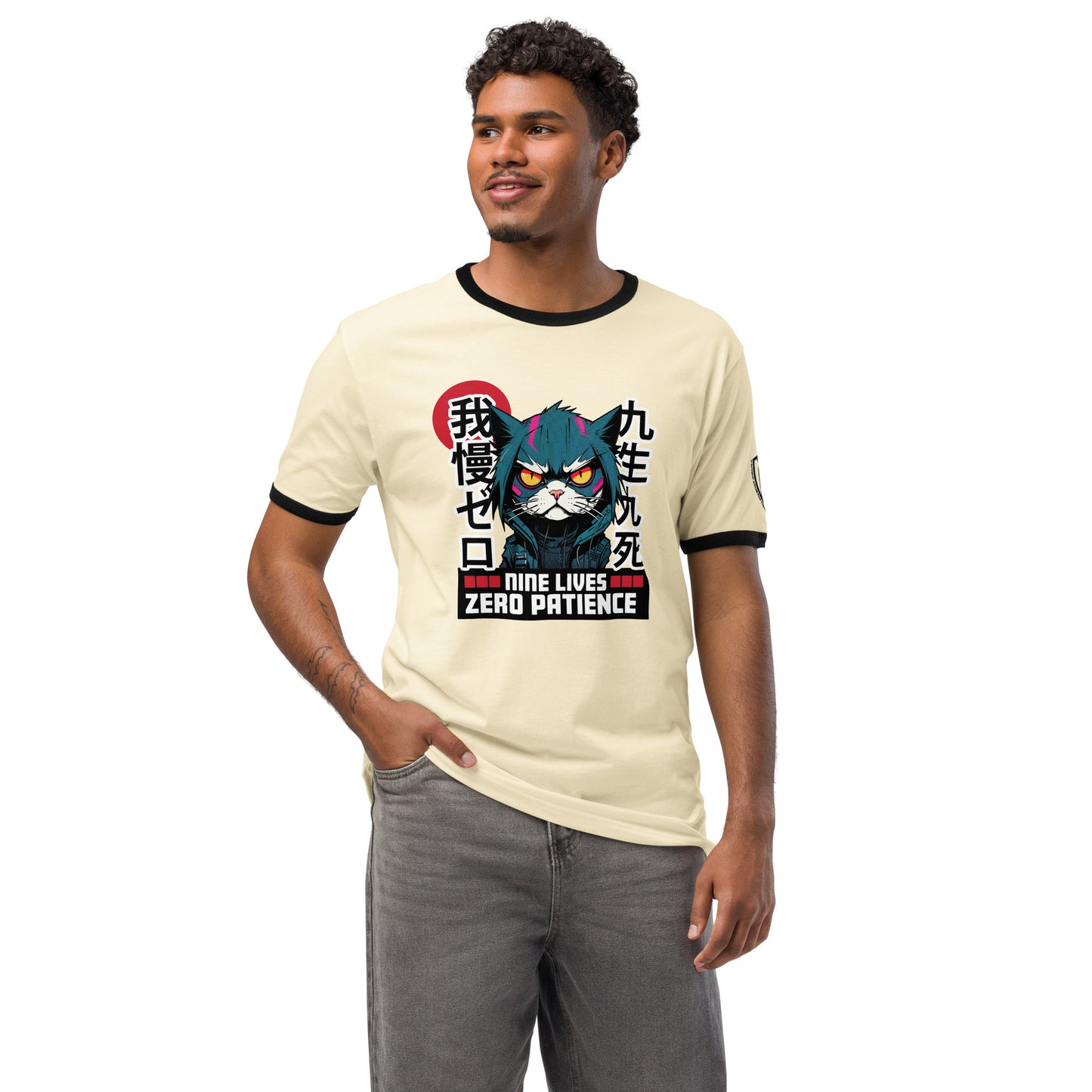 Nine Lives Zero Patience Japanese Graphic T-Shirt Natural Black
