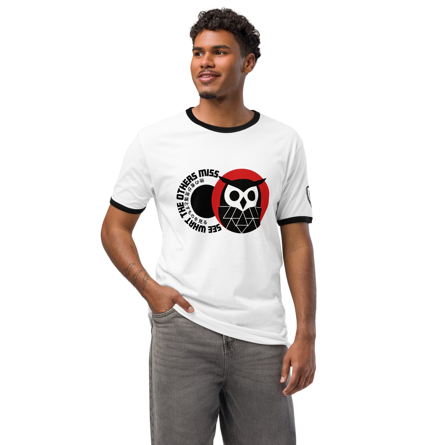 Geometric Owl Vision Retro Japanese Graphic T-Shirt White Black