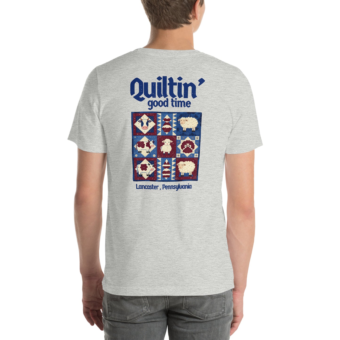 Quiltin' Good Time Lancaster Folk Art Distressed Graphic T-Shirt Athletic Heather