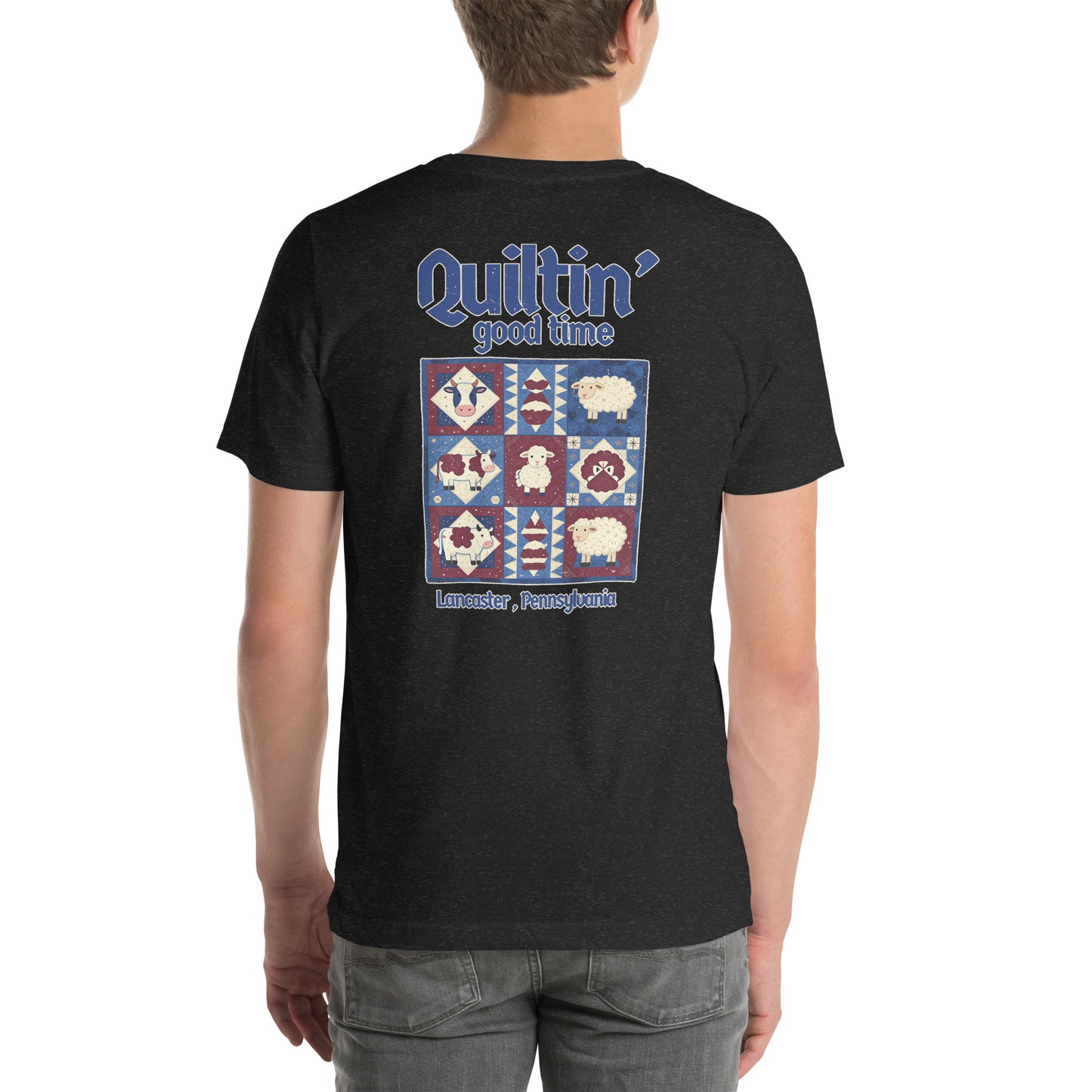 Quiltin' Good Time Lancaster Folk Art Distressed Graphic T-Shirt Black Heather