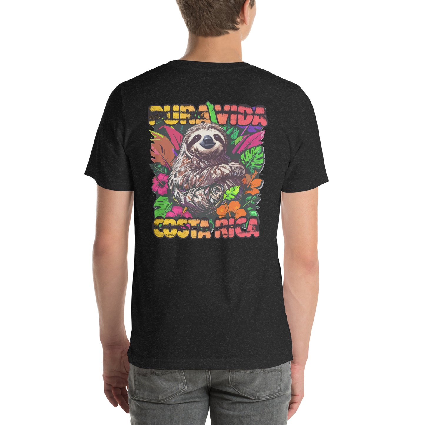 Pura Vida Costa Rica Sloth Graphic T-Shirt Black Heather