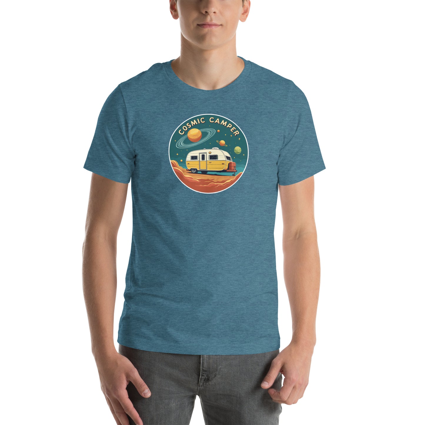 Cosmic Camper Retro Graphic T-Shirt Heather Deep Teal Adults