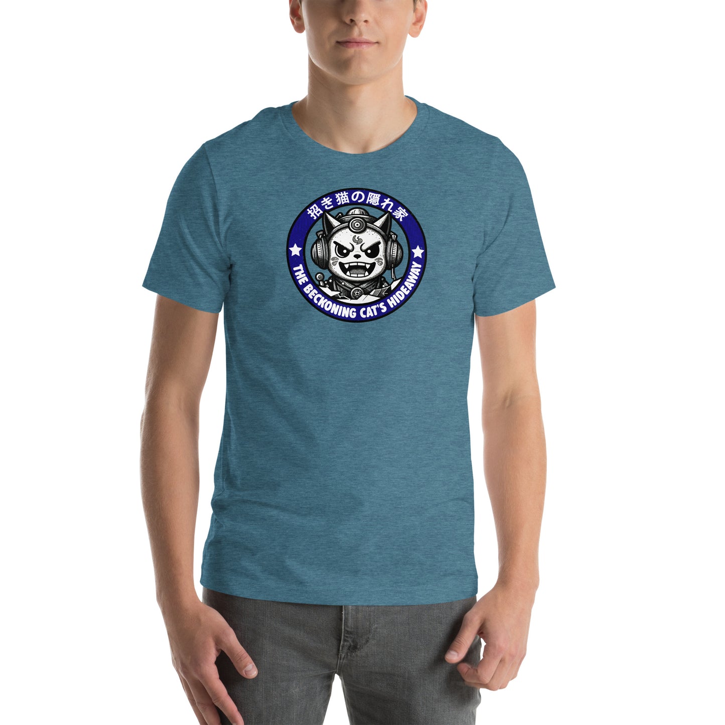 Beckoning Cat's Hideaway Retro Distressed Japanese Graphic T-Shirt Heather Deep Teal