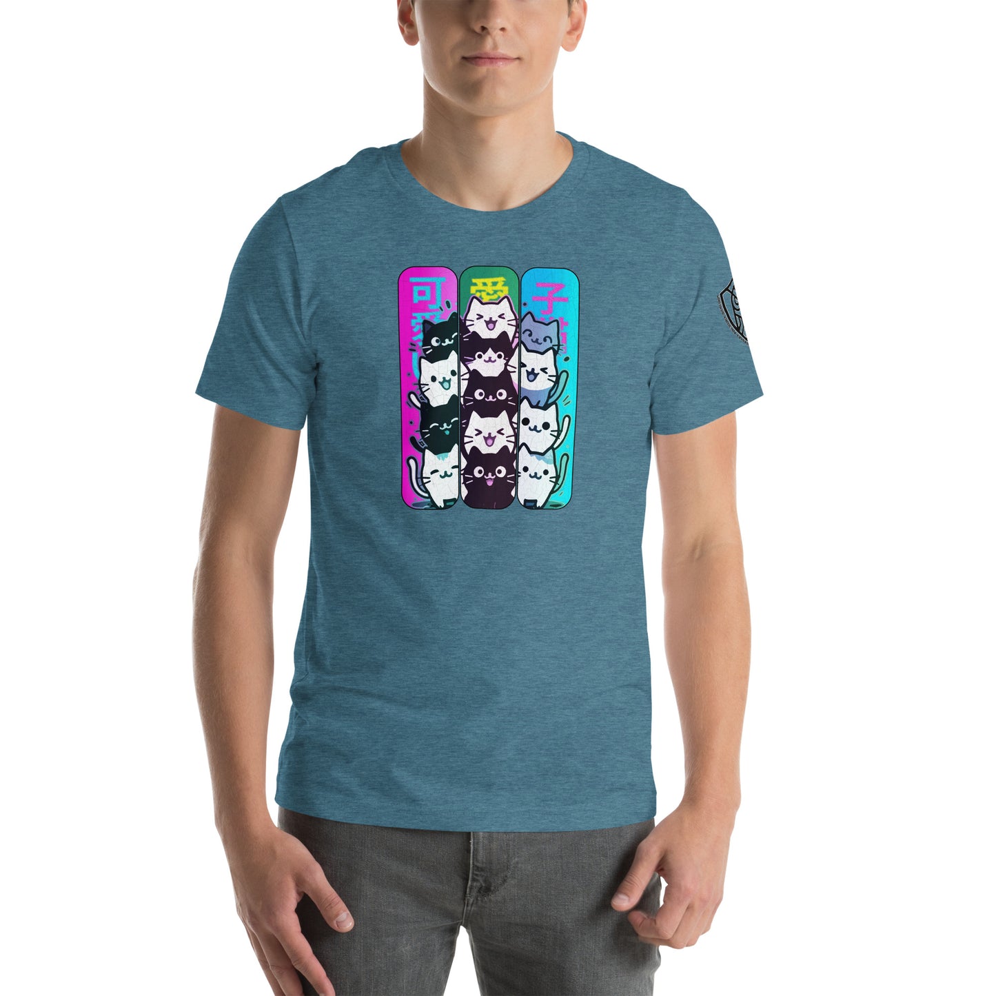 Kawaii Cat Stack Retro Japanese Graphic T-Shirt Heather Deep Teal