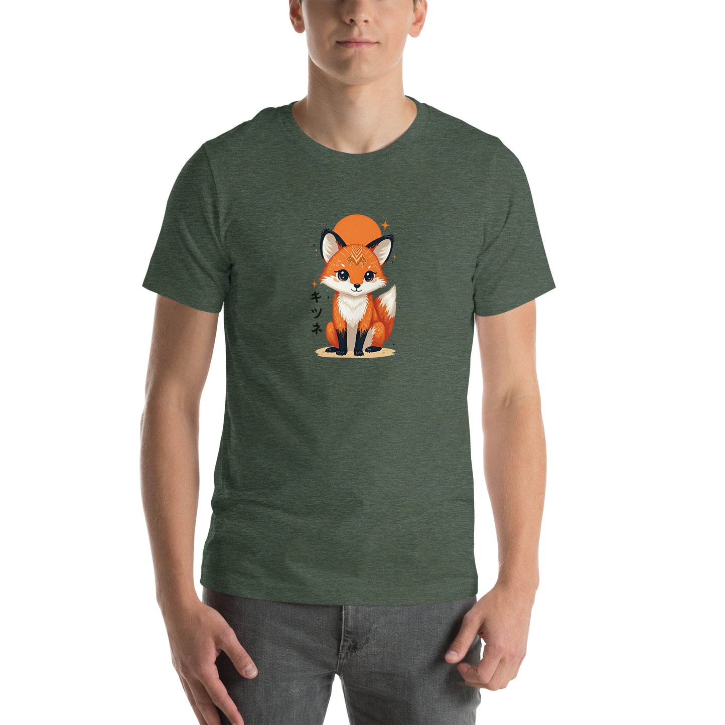 Kitsune Fox Otaku Graphic T-Shirt Heather Forest Adults