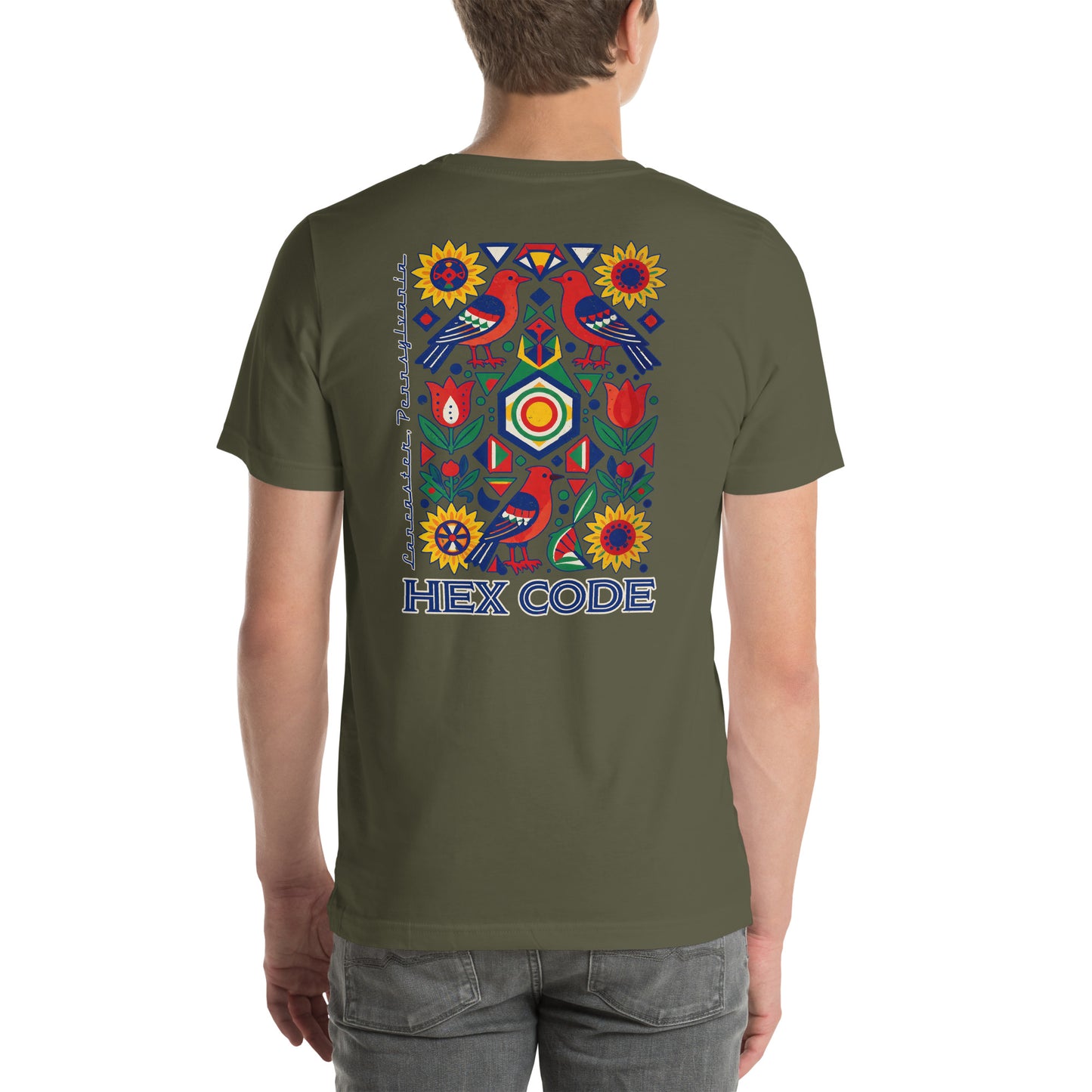 Hex Code Lancaster Folk Art Distressed Graphic T-Shirt Military Green