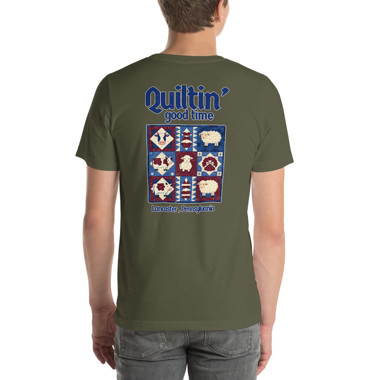 Quiltin' Good Time Lancaster Folk Art Distressed Graphic T-Shirt Military Green