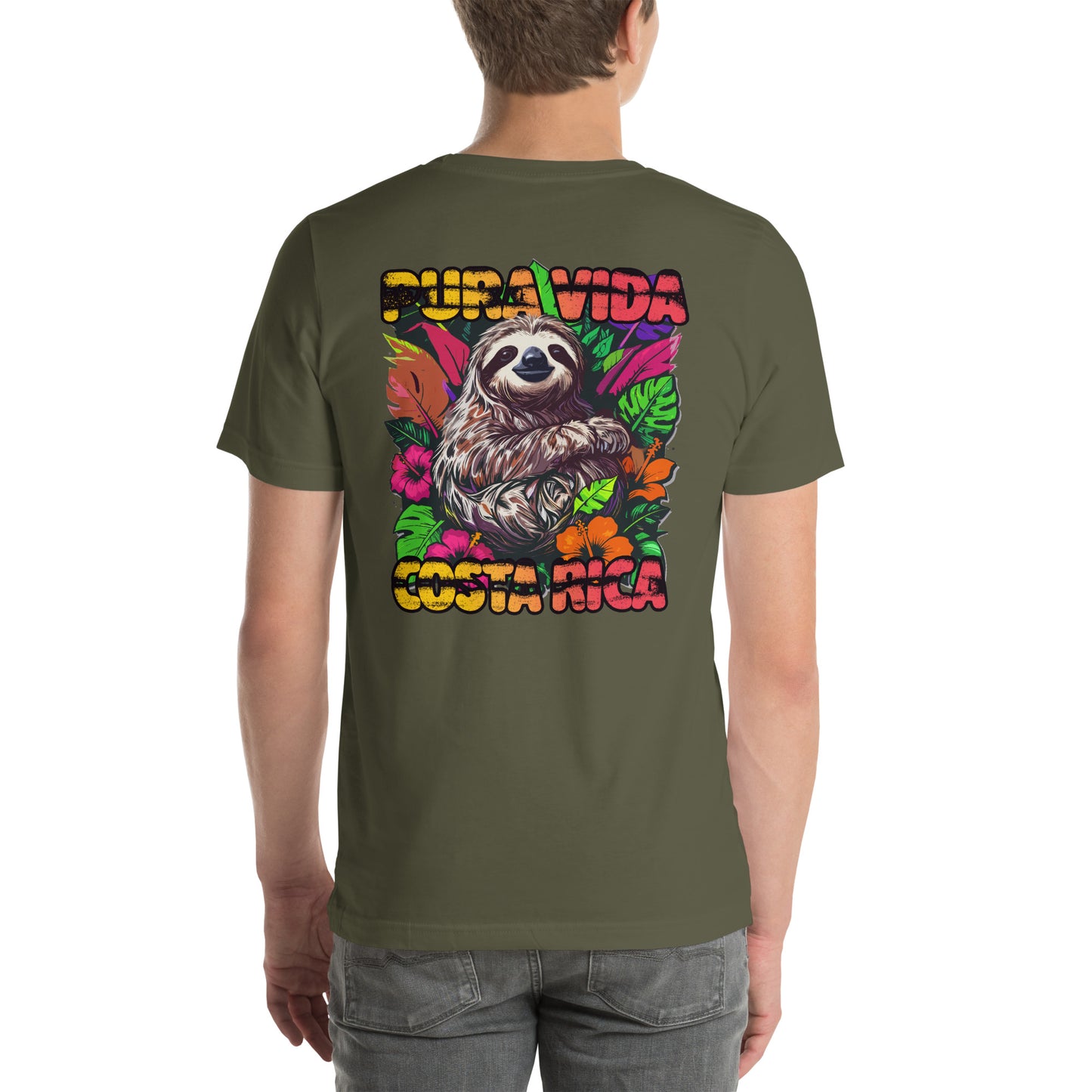 Pura Vida Costa Rica Sloth Graphic T-Shirt Military Green