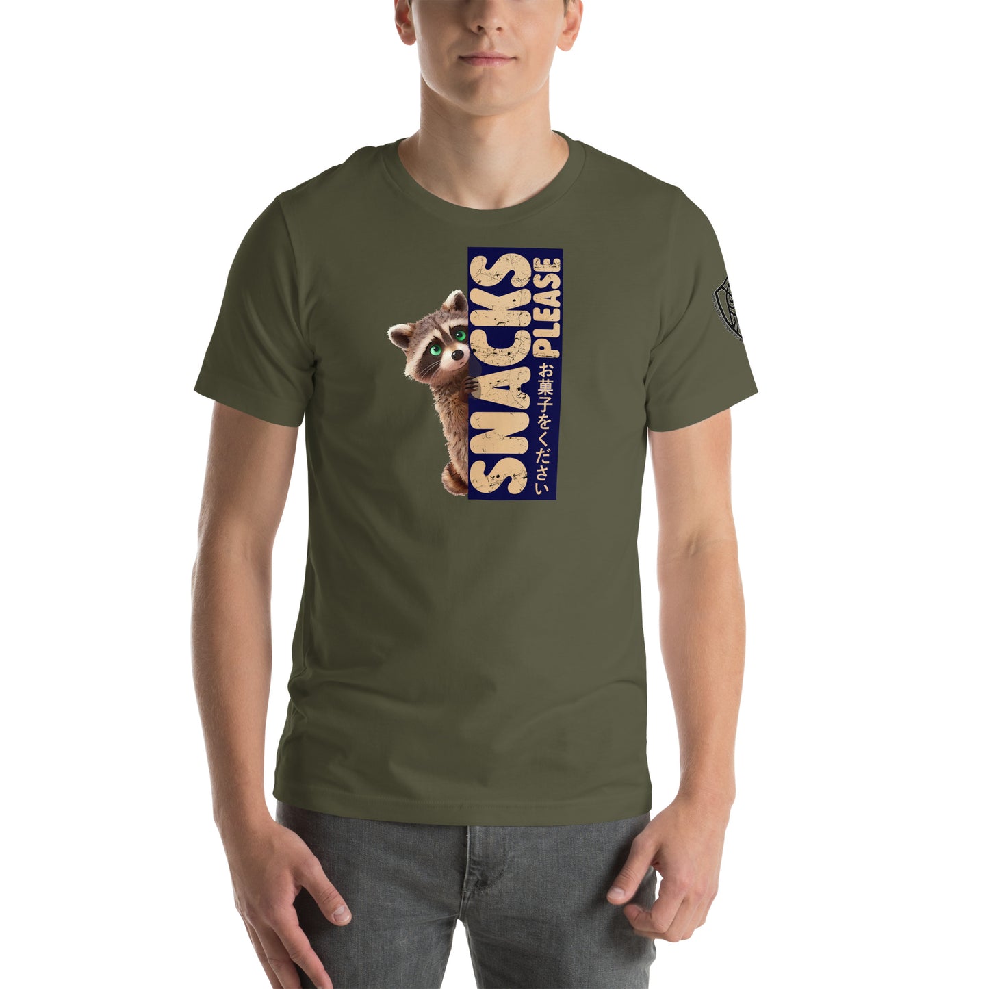 Snacks Please Raccoon Japanese Graphic T-Shirt Military Green