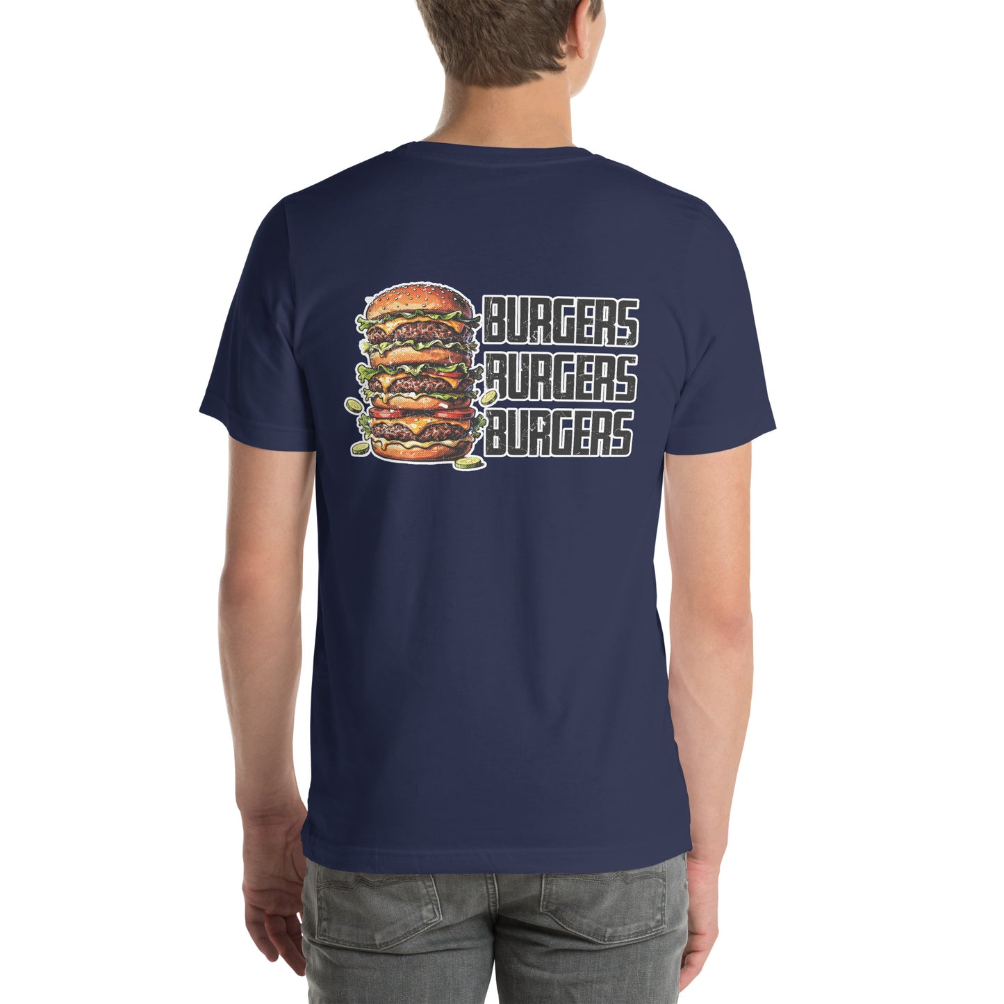 Retro Distressed Triple Stack Burgers Foodie Graphic T-Shirt Navy
