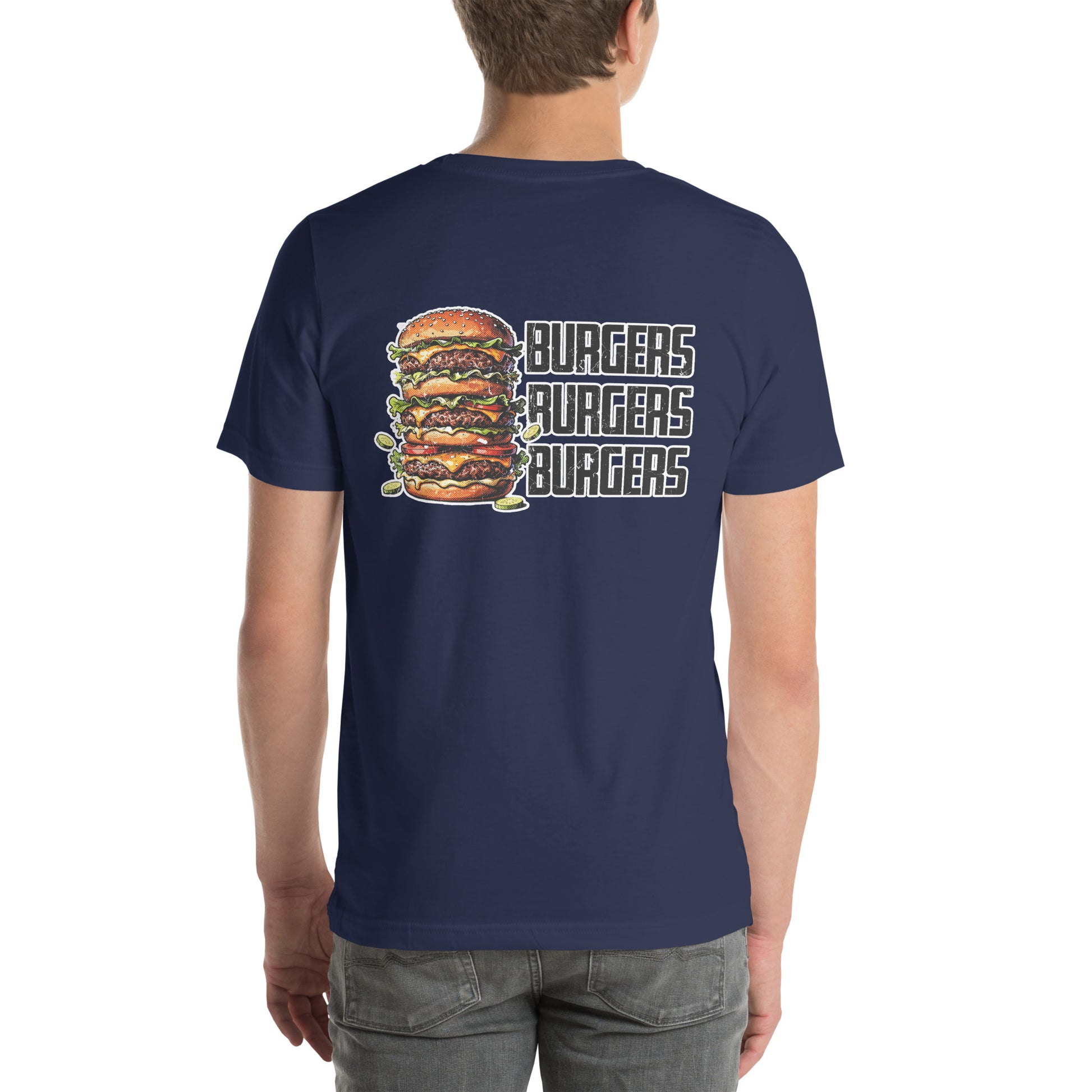Retro Distressed Triple Stack Burgers Foodie Graphic T-Shirt Navy