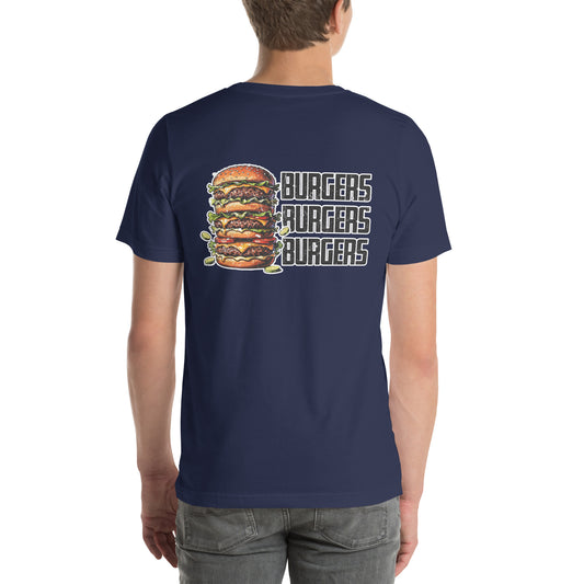 Retro Distressed Triple Stack Burgers Foodie Graphic T-Shirt Navy