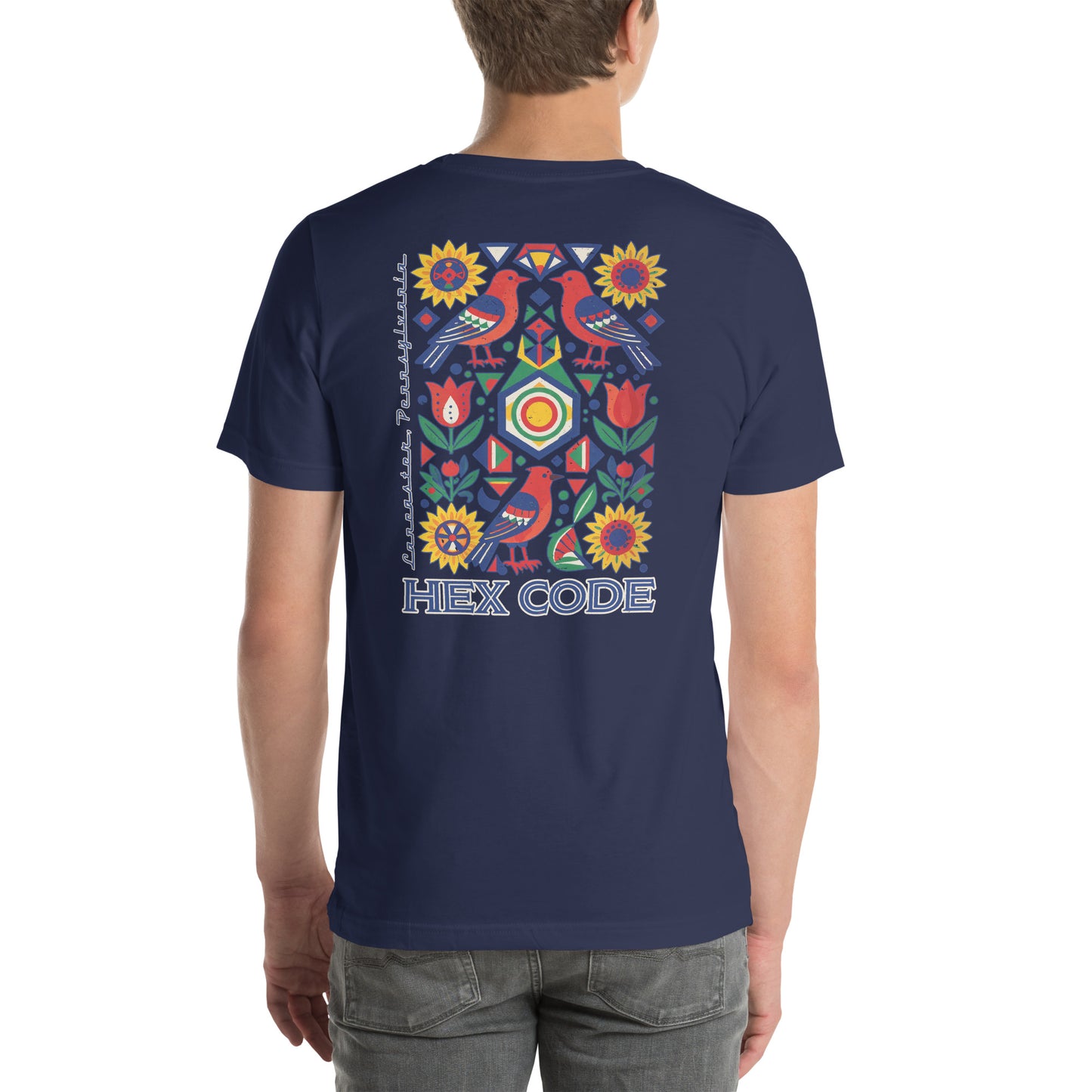 Hex Code Lancaster Folk Art Distressed Graphic T-Shirt Navy