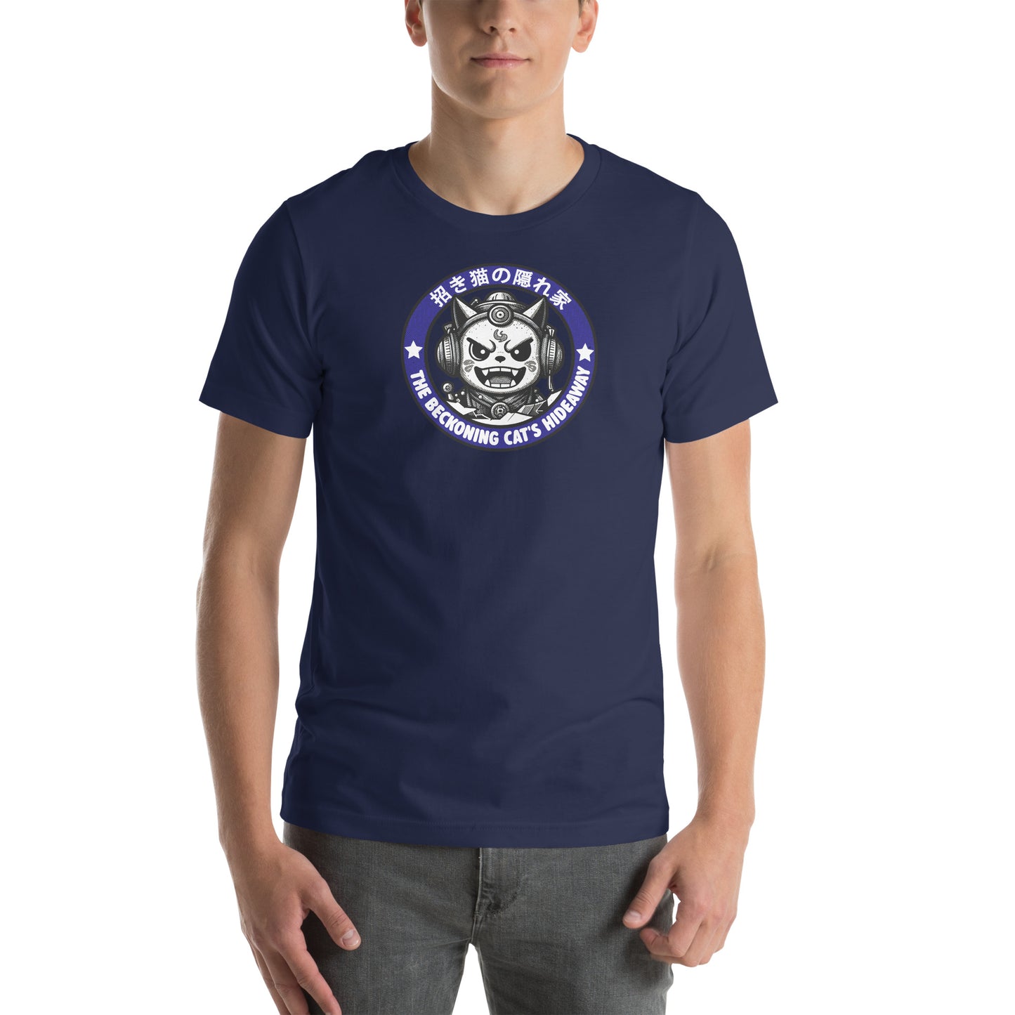 Beckoning Cat's Hideaway Retro Distressed Japanese Graphic T-Shirt Navy