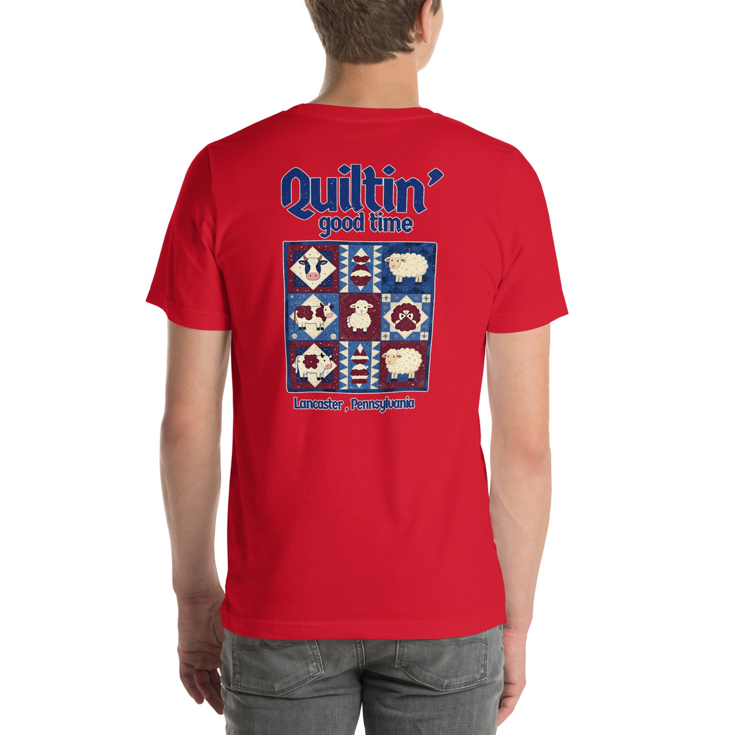Quiltin' Good Time Lancaster Folk Art Distressed Graphic T-Shirt Red