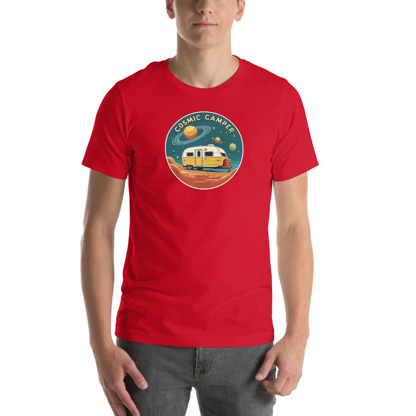 Cosmic Camper Retro Graphic T-Shirt Red Adults