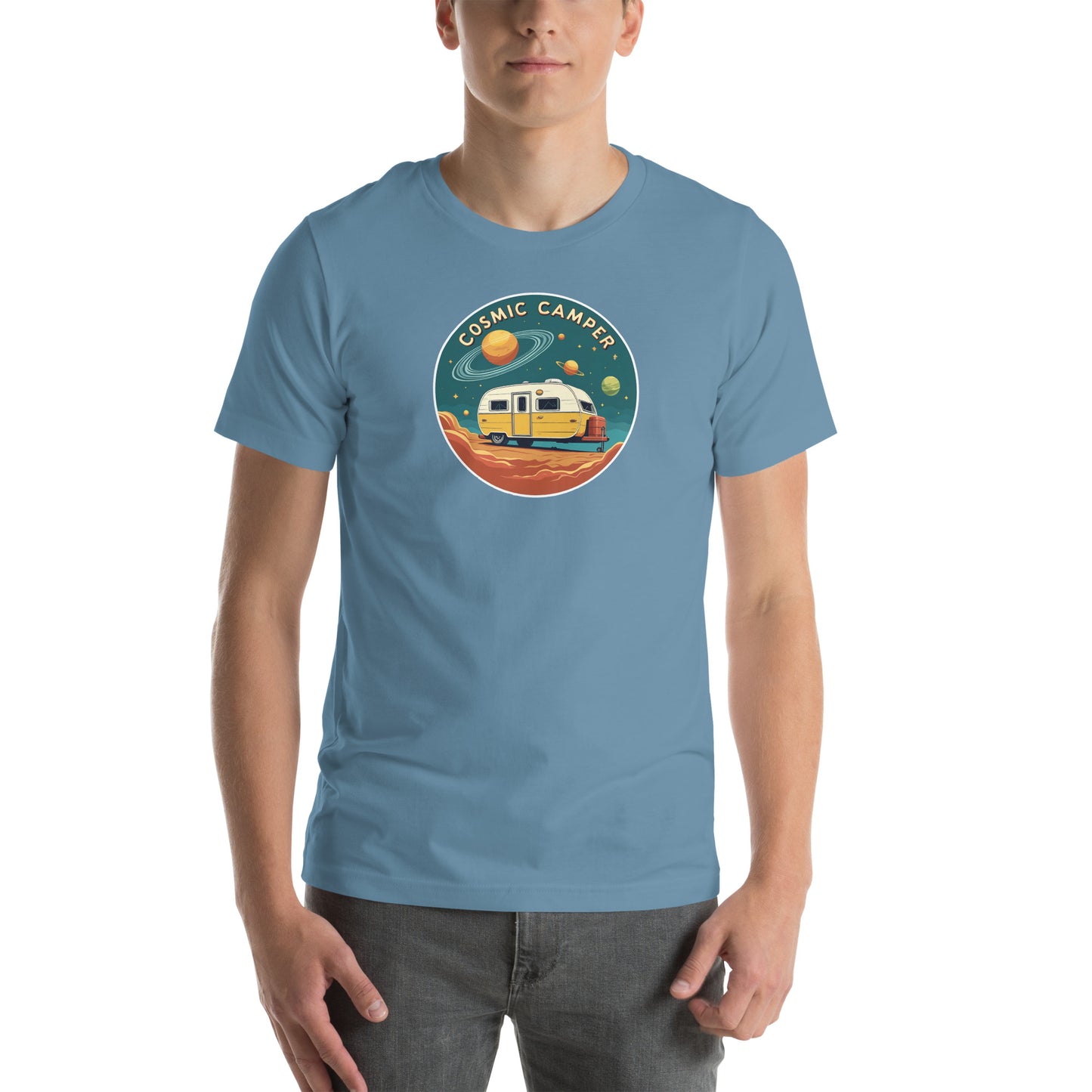 Cosmic Camper Retro Graphic T-Shirt Steel Blue Adults