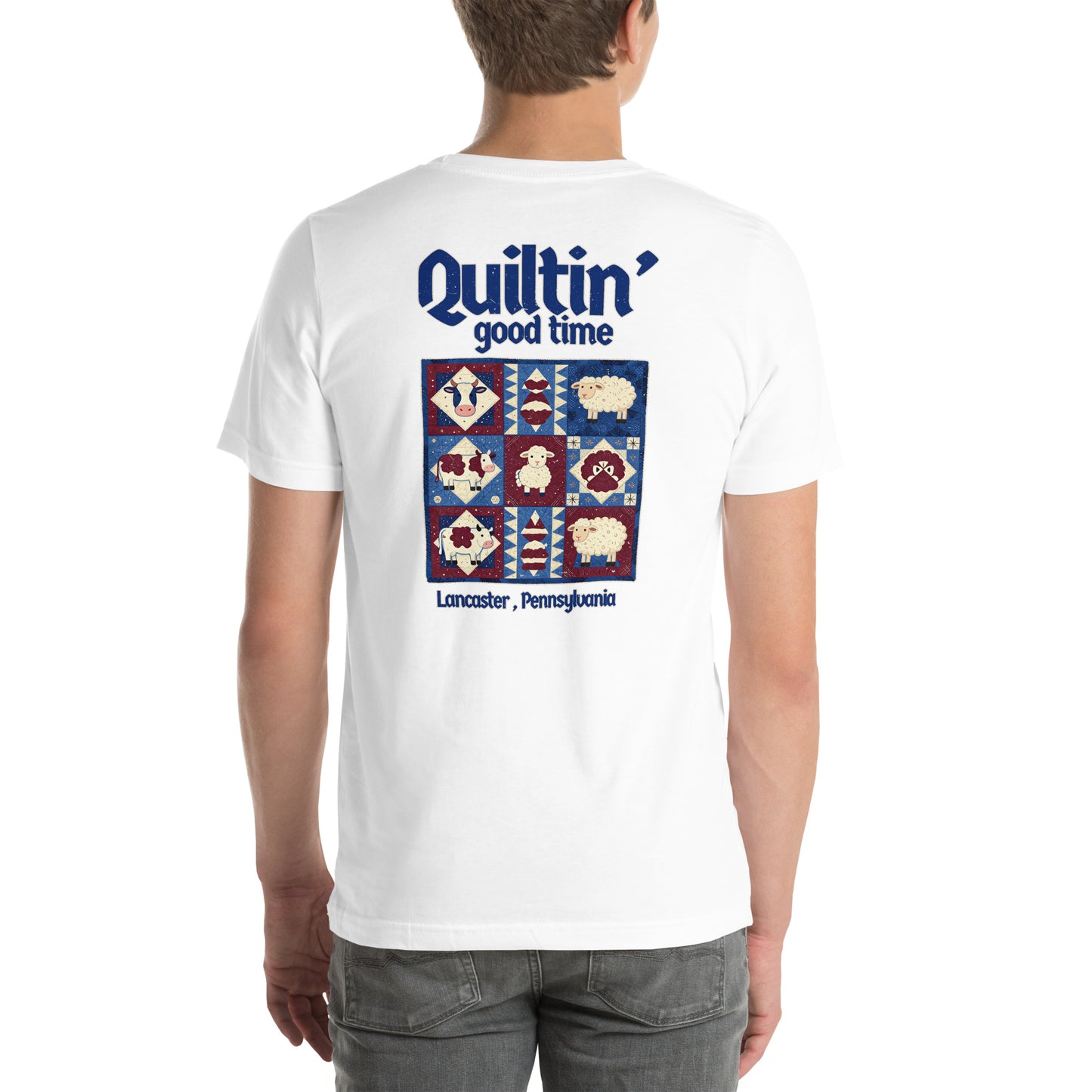 Quiltin' Good Time Lancaster Folk Art Distressed Graphic T-Shirt White