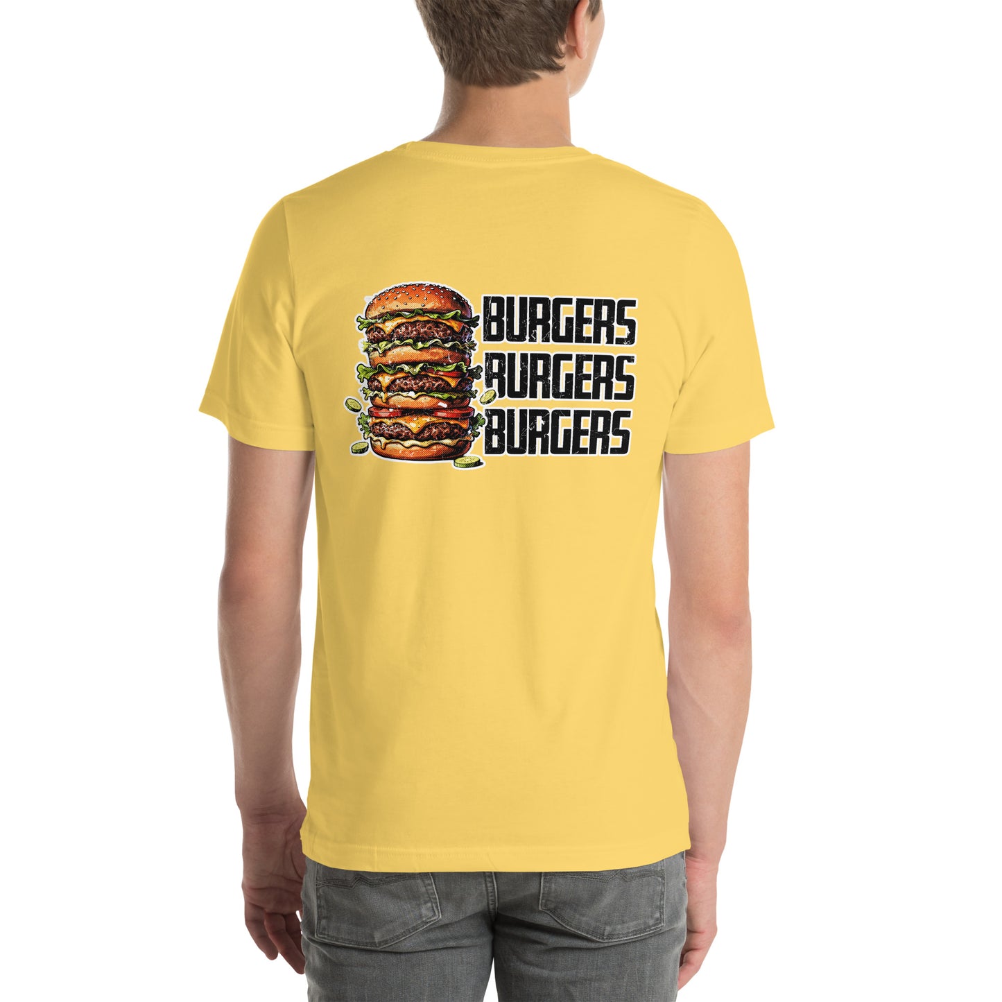 Retro Distressed Triple Stack Burgers Foodie Graphic T-Shirt Yellow